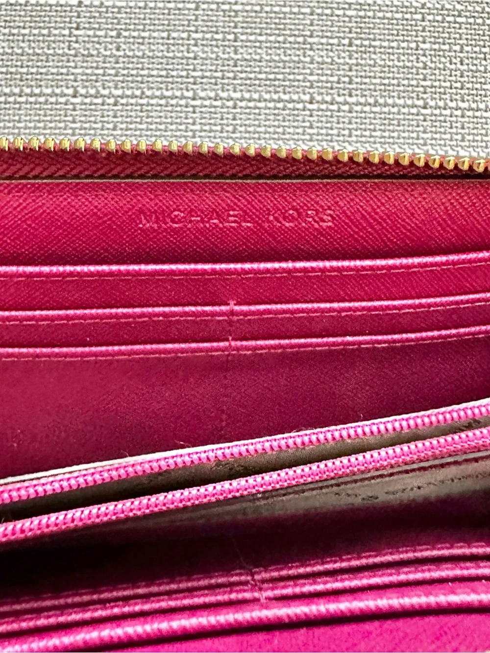 Michael Kors Magenta Pink Zip-Around Leather Wallet with Gold Logo